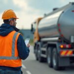 Șofer de cisternă în vestă reflectorizantă lângă un vehicul ADR cu placă portocalie, ilustrând certificatul ADR pentru conducători auto