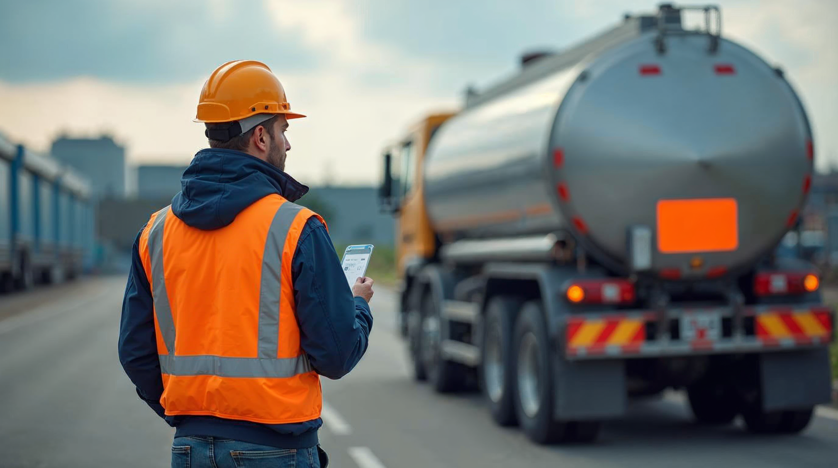 Șofer de cisternă în vestă reflectorizantă lângă un vehicul ADR cu placă portocalie, ilustrând certificatul ADR pentru conducători auto
