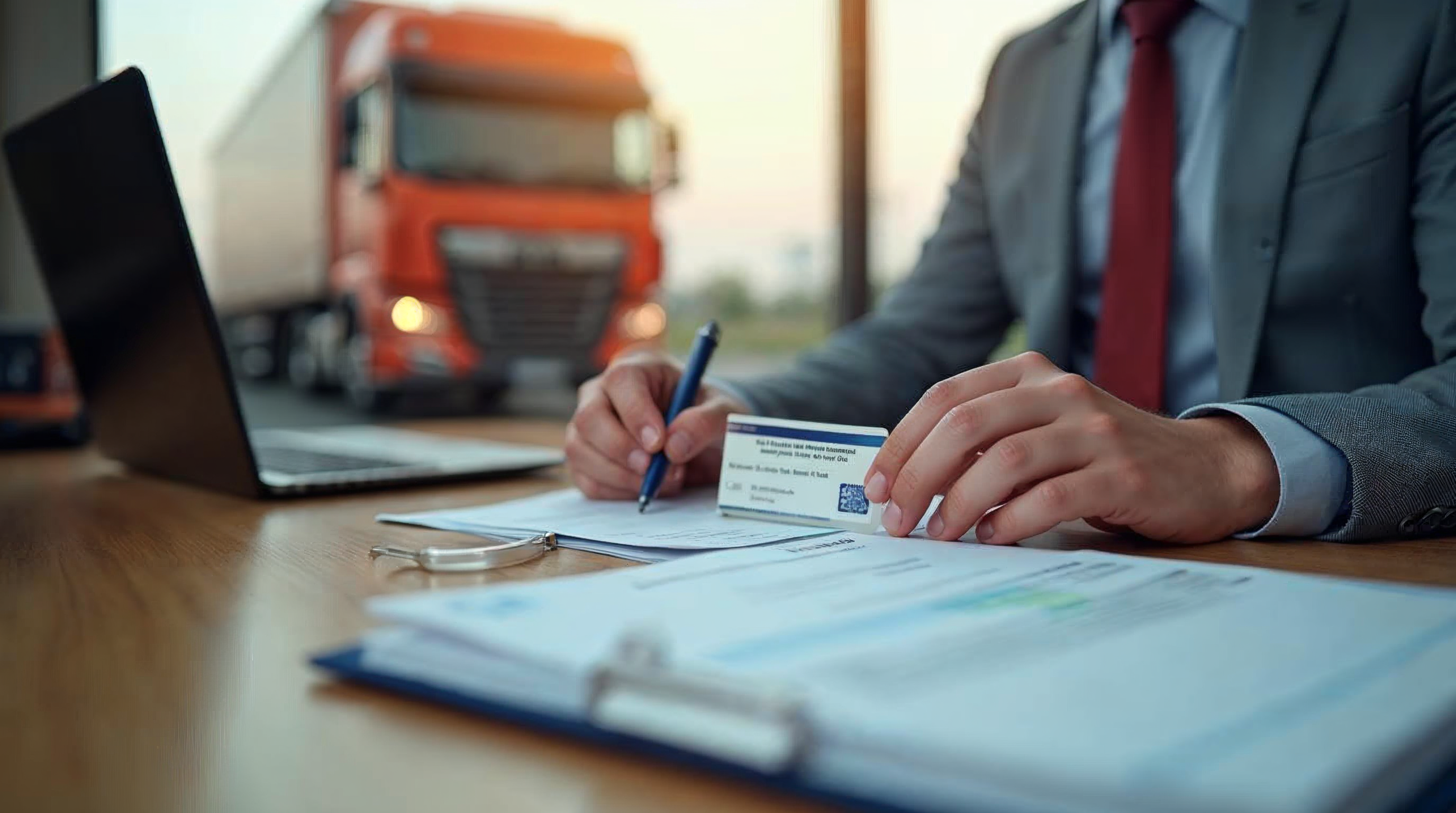 Manager de transport verificand un atestat ARR si documentele de transport la birou