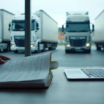 Manager de flota verificand documentele vehiculelor intr-o firma de transport, cu camioane parcate in fundal