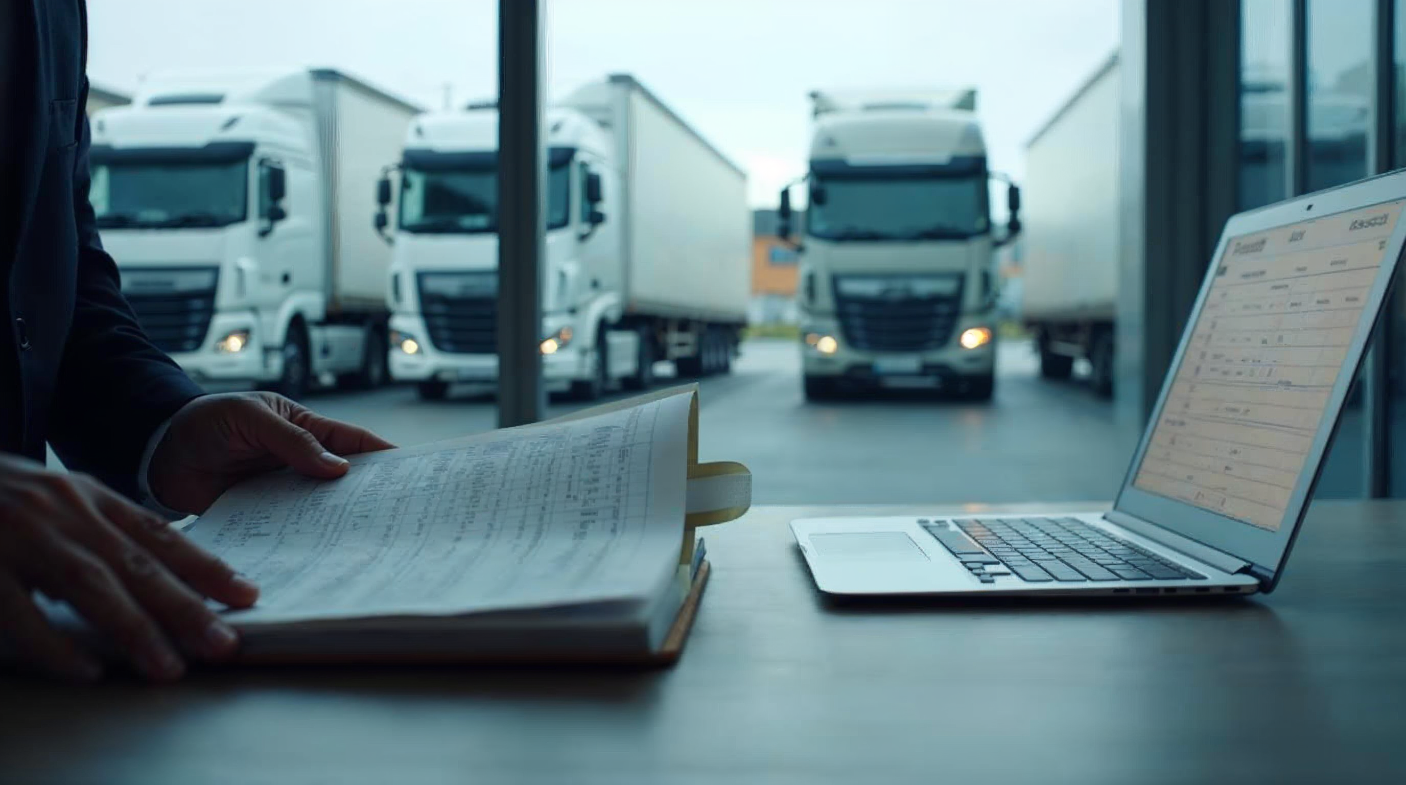 Manager de flota verificand documentele vehiculelor intr-o firma de transport, cu camioane parcate in fundal