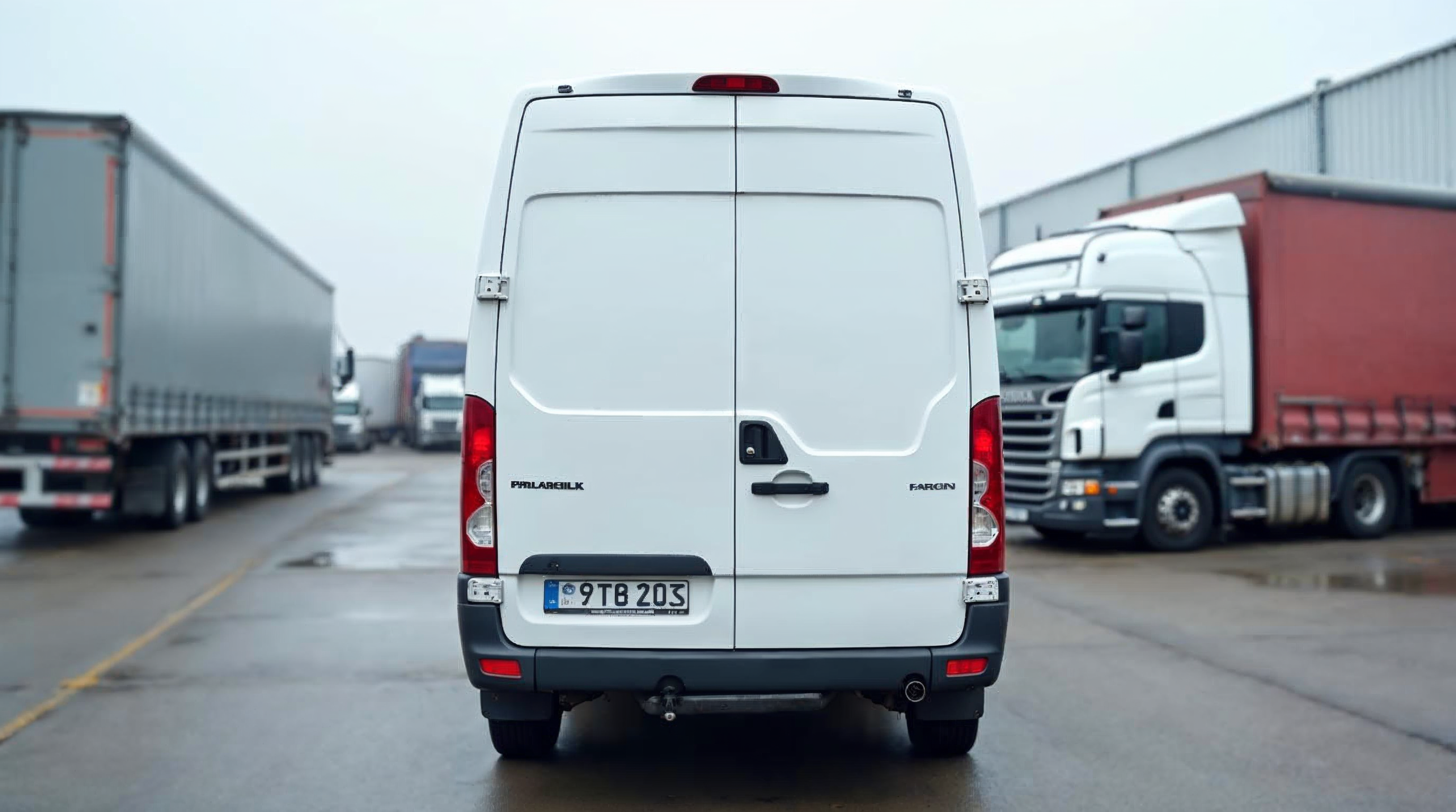 Dubă de 3,5 tone parcată între camioane grele într-un depou logistic, ilustrând pragurile de tonaj de la care tahograful este obligatoriu