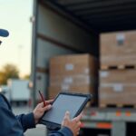 Șofer cu o tabletă industrială în fața remorcii încărcate, completând scrisoarea de trăsură electronică e-CMR la rampă