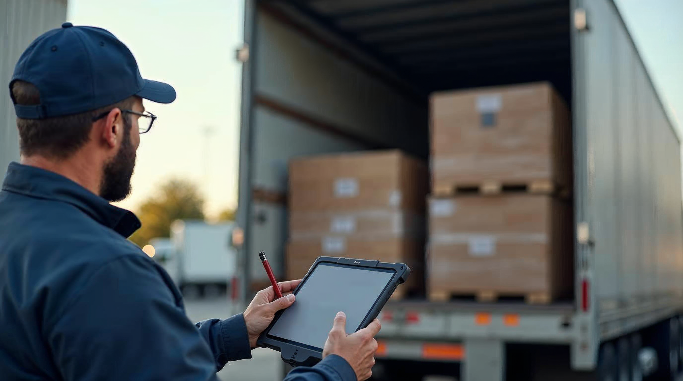 Șofer cu o tabletă industrială în fața remorcii încărcate, completând scrisoarea de trăsură electronică e-CMR la rampă