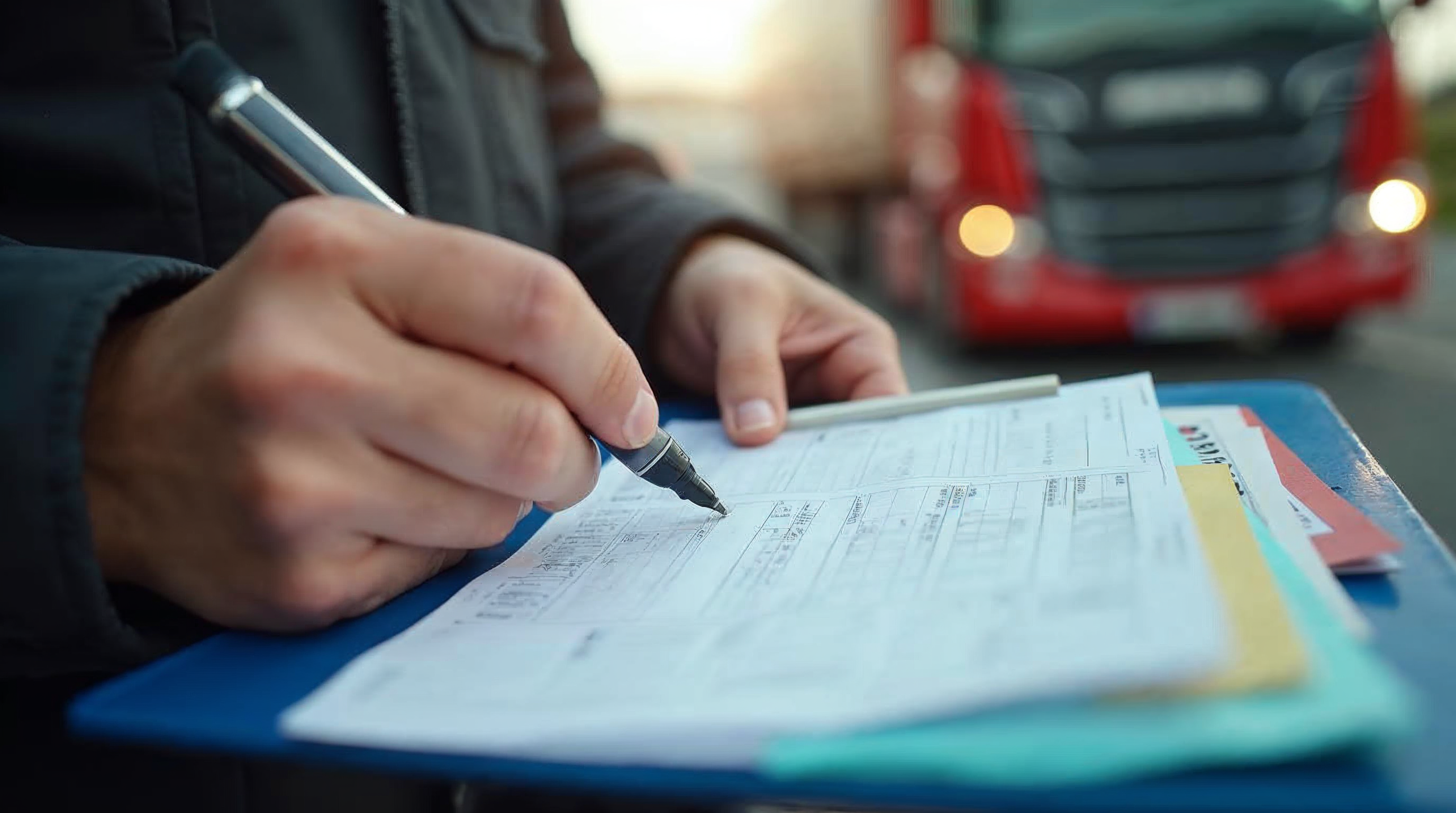Șofer completând cu pixul un formular CMR autocopiant pe clipboard, cu filele colorate vizibile, lângă camion