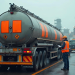 Cisterna cu placute portocalii ADR si etichete de pericol la un terminal industrial, verificata de un lucrator