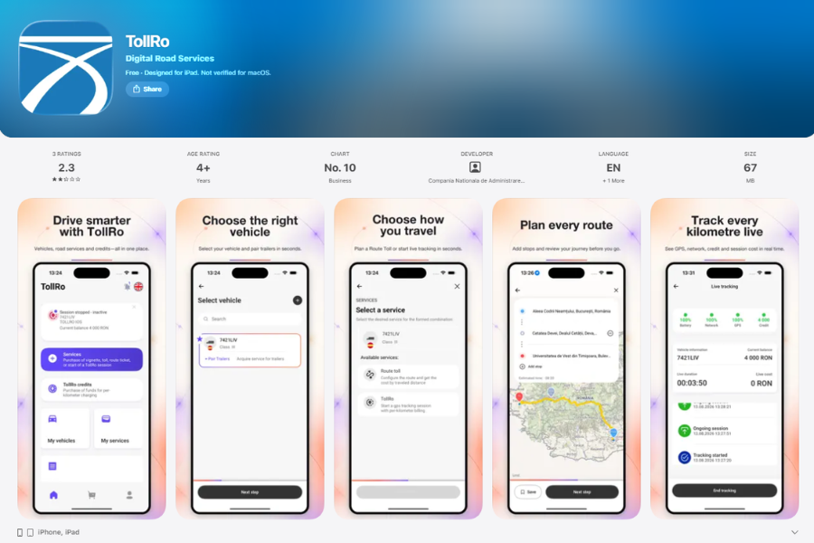 Aplicația oficială TollRo în App Store: selectarea vehiculului, alegerea serviciului, planificarea rutei și urmărirea live a sesiunii de taxare