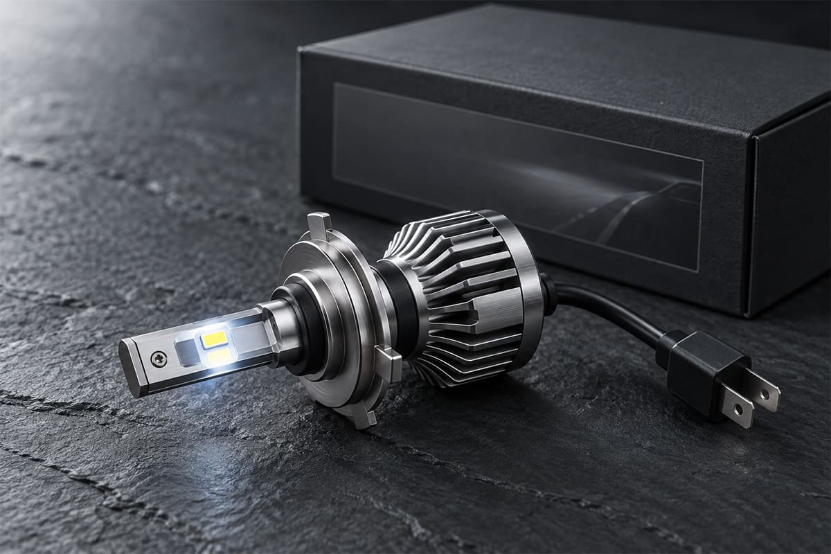 Bec auto LED H7 cu radiator de răcire, așezat lângă cutia neagră a produsului