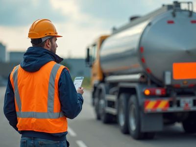 Șofer de cisternă în vestă reflectorizantă lângă un vehicul ADR cu placă portocalie, ilustrând certificatul ADR pentru conducători auto