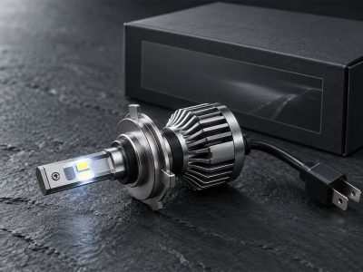 Bec auto LED H7 cu radiator de răcire, așezat lângă cutia neagră a produsului