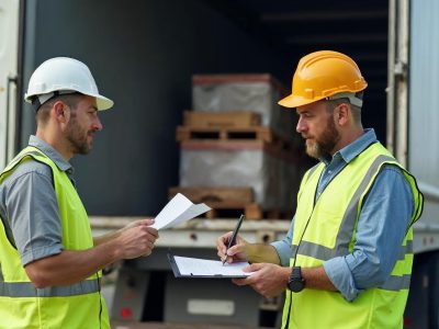 Șofer și lucrător de depozit semnând scrisoarea de trăsură CMR la rampa de încărcare, lângă semiremorca cu marfă paletizată