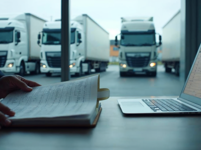 Manager de flota verificand documentele vehiculelor intr-o firma de transport, cu camioane parcate in fundal