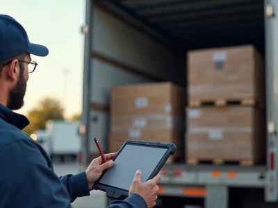 Șofer cu o tabletă industrială în fața remorcii încărcate, completând scrisoarea de trăsură electronică e-CMR la rampă