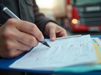 Șofer completând cu pixul un formular CMR autocopiant pe clipboard, cu filele colorate vizibile, lângă camion